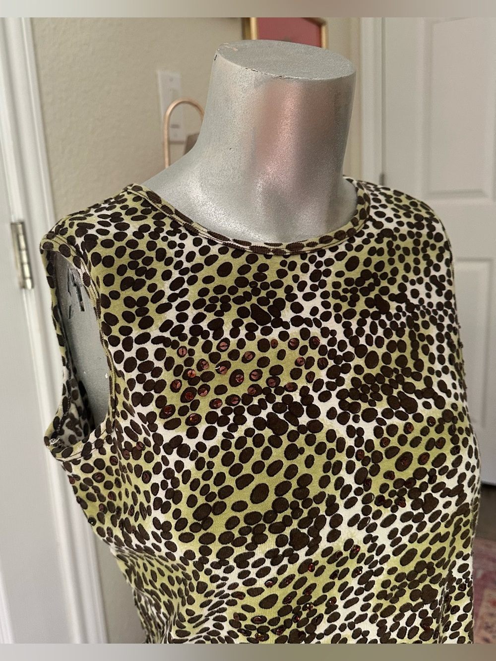 Candy Couture Vintage Green & Brown Sequin Embellished Leopard Cheetah Print Top - Picture 2 of 5